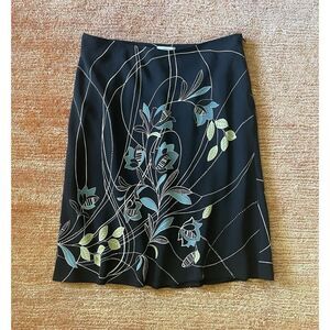 Loft Women's Black Silk Skirt Size 6 Blue & Yellow Floral Print Lined Size 10
